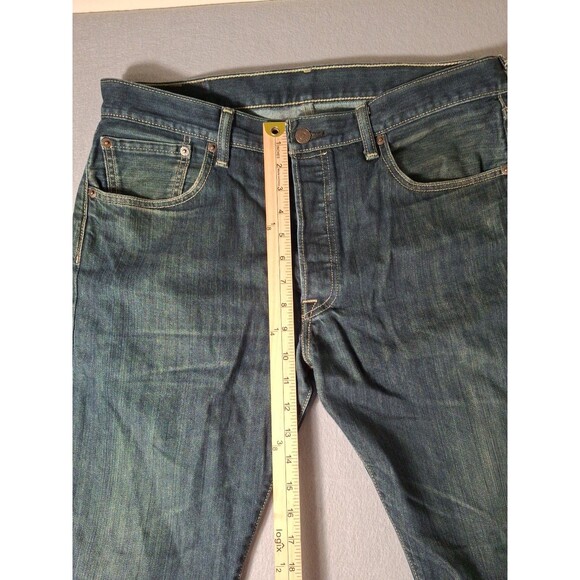 LEVI'S 501 Button Fly Jeans Mens 34-32 Dark Wash Distressed Cowboy EUC - Picture 5 of 15